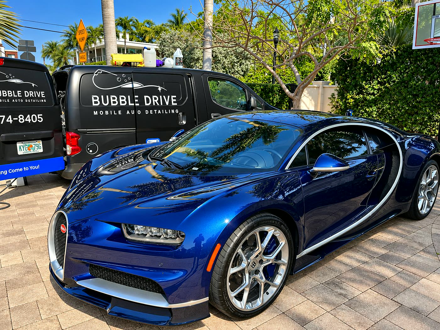 Blue Bugatti Chiron detailed front view in Miami